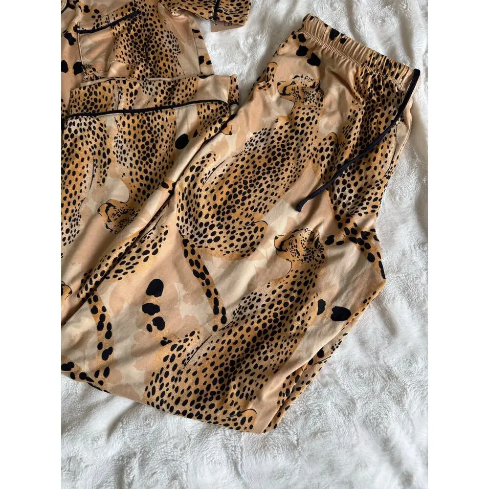 Room Service Leopard Satin Pajama Set Matching Lounge Set Chic Neutral L - Picture 3 of 5